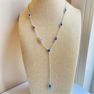 Lucky Brand Y drop long lavalier necklace in silvertone with navy blue stations